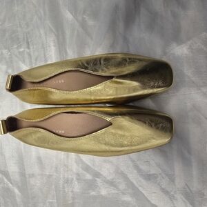 Luytq-Love Women's Metallic Gold Flat Leather Ballet Shoes Square Mouth Comfy